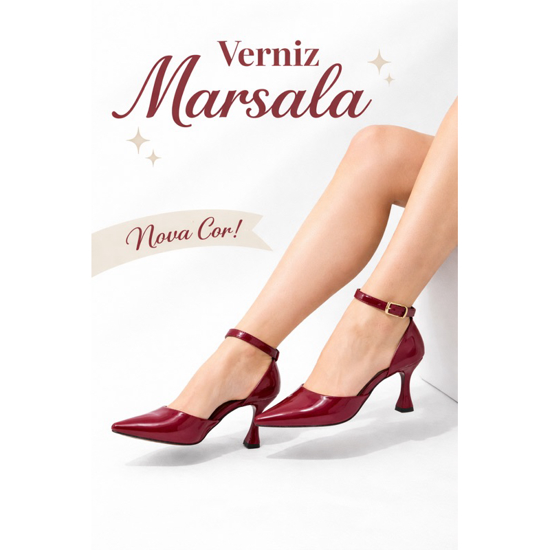 “Scarpin Feminino Verniz Salto taça 9 cm com TIRA no TORNOZELO.