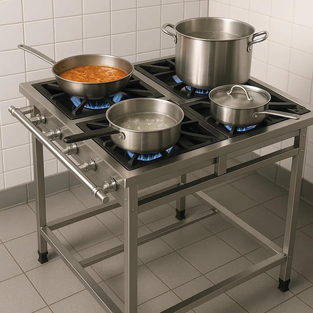 Fogão 4 Bocas Industrial Inox Baixa Pressão Queimadores Duplos E Simples Ferro Fundido Restaurante