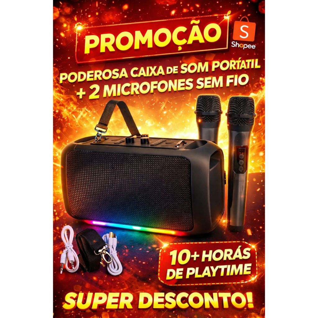 Caixa De Som Karaokê C/2 Microfones Sem Fio 120W/30CM Com Alça Bluetooth Pen-Drive Rádio USB SD