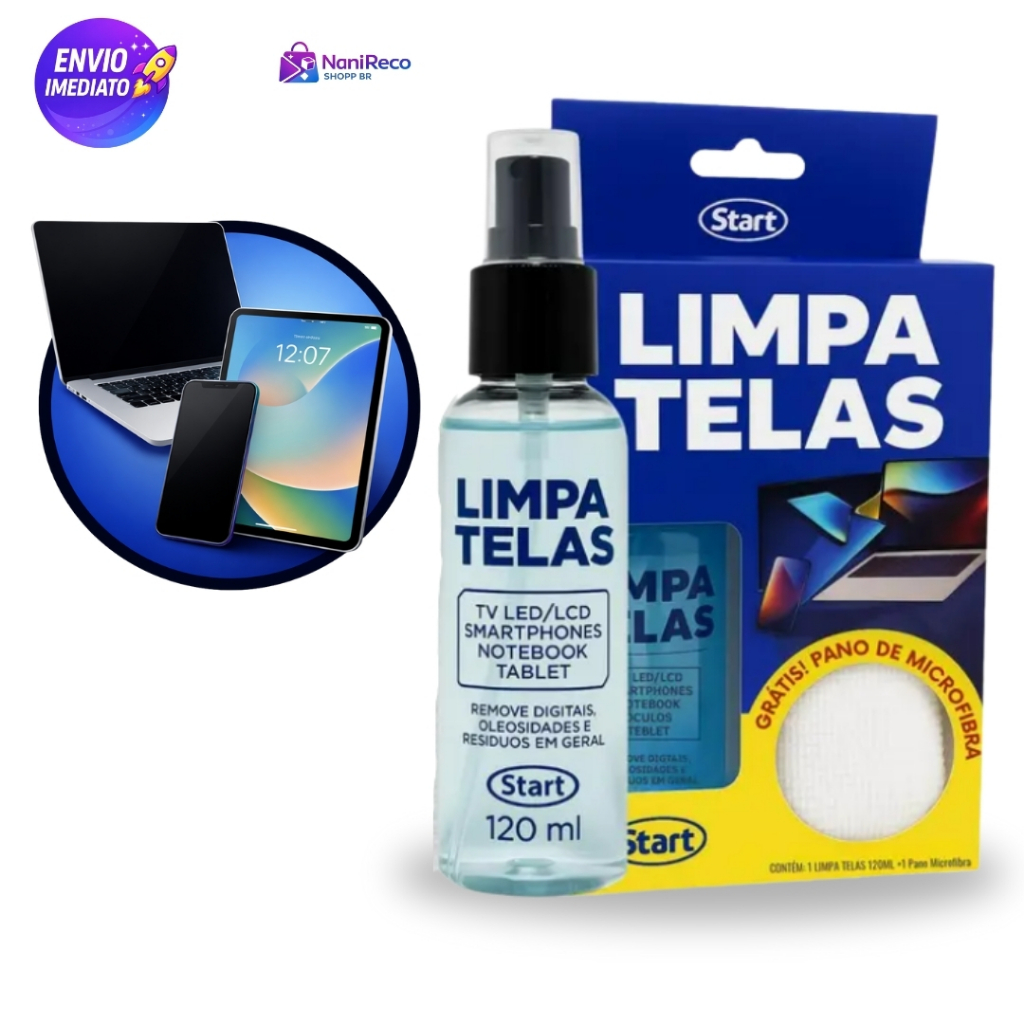 Limpa Telas 120ml Pano de Microfibra Limpeza Segura para Celular TV Monitor Notebook