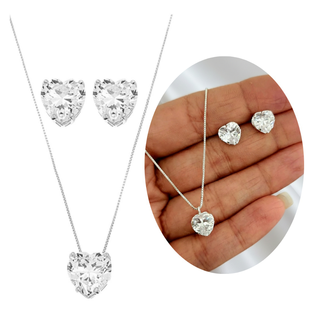 Conjunto Colar E Brinco Coração Femino Cravejada Zircônia Cristal Presente Prata 925