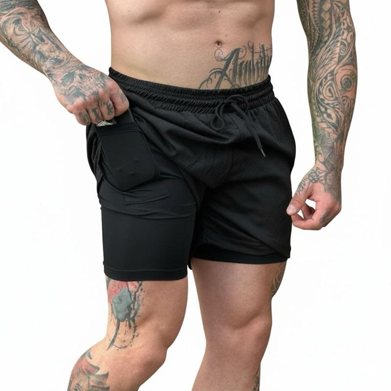 Kit 2 Bermudas Masculinas 2 em 1 Academia com Bolso Interno – Shorts Forrados interno Compressão