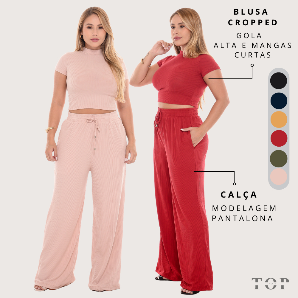 Conjunto Feminino Calça Pantalona com Bolso e Blusa com Gola Alta Malha Canelada em Oferta na Shopee