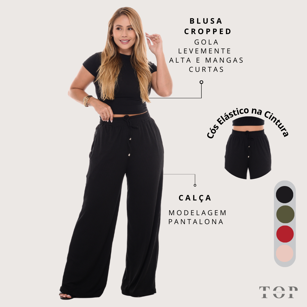 Conjunto Feminino Calça Pantalona Canelada Com Bolso e Cordão Cintura & Blusa Gola Alta