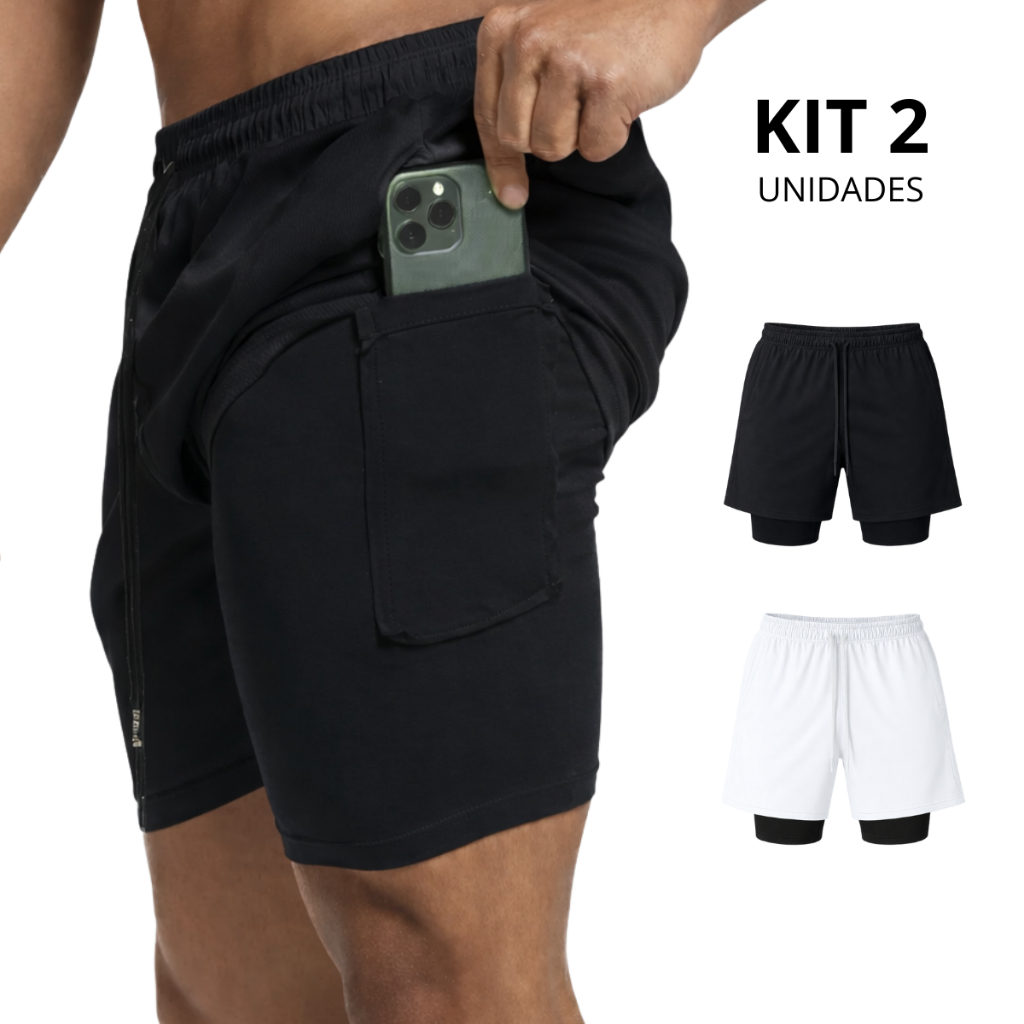 Kit 2 Bermudas Masculinas 2 em 1 Academia com Bolso Interno – Shorts Forrados interno Compressão