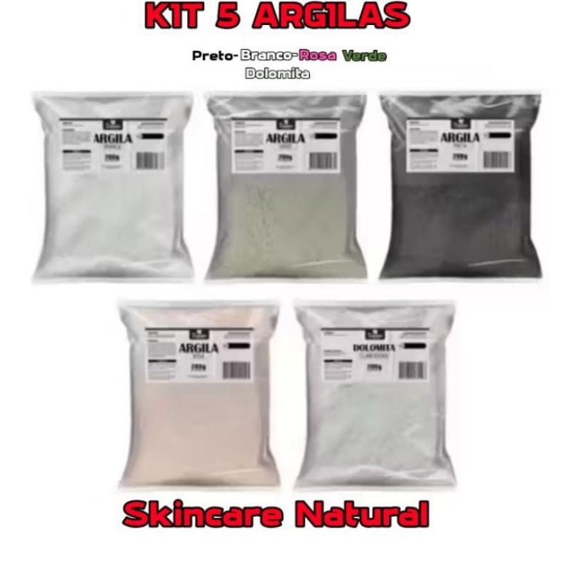 Kit 5 Argilas de 200g (Verde, Rosa, Branca, Preta e dolomita) para máscara facial skin care