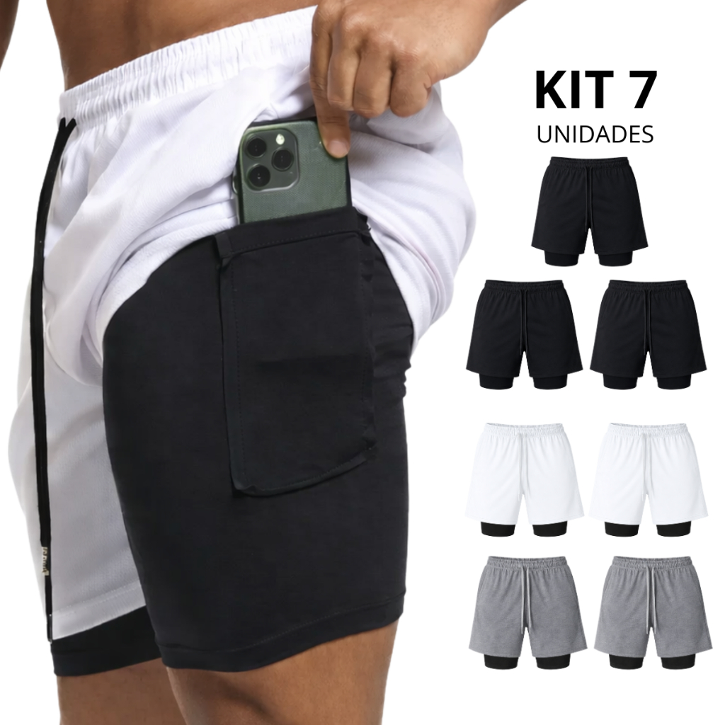 Kit 7 Bermudas Masculinas 2 em 1 Academia com Bolso Interno – Shorts Forrados interno Compressão