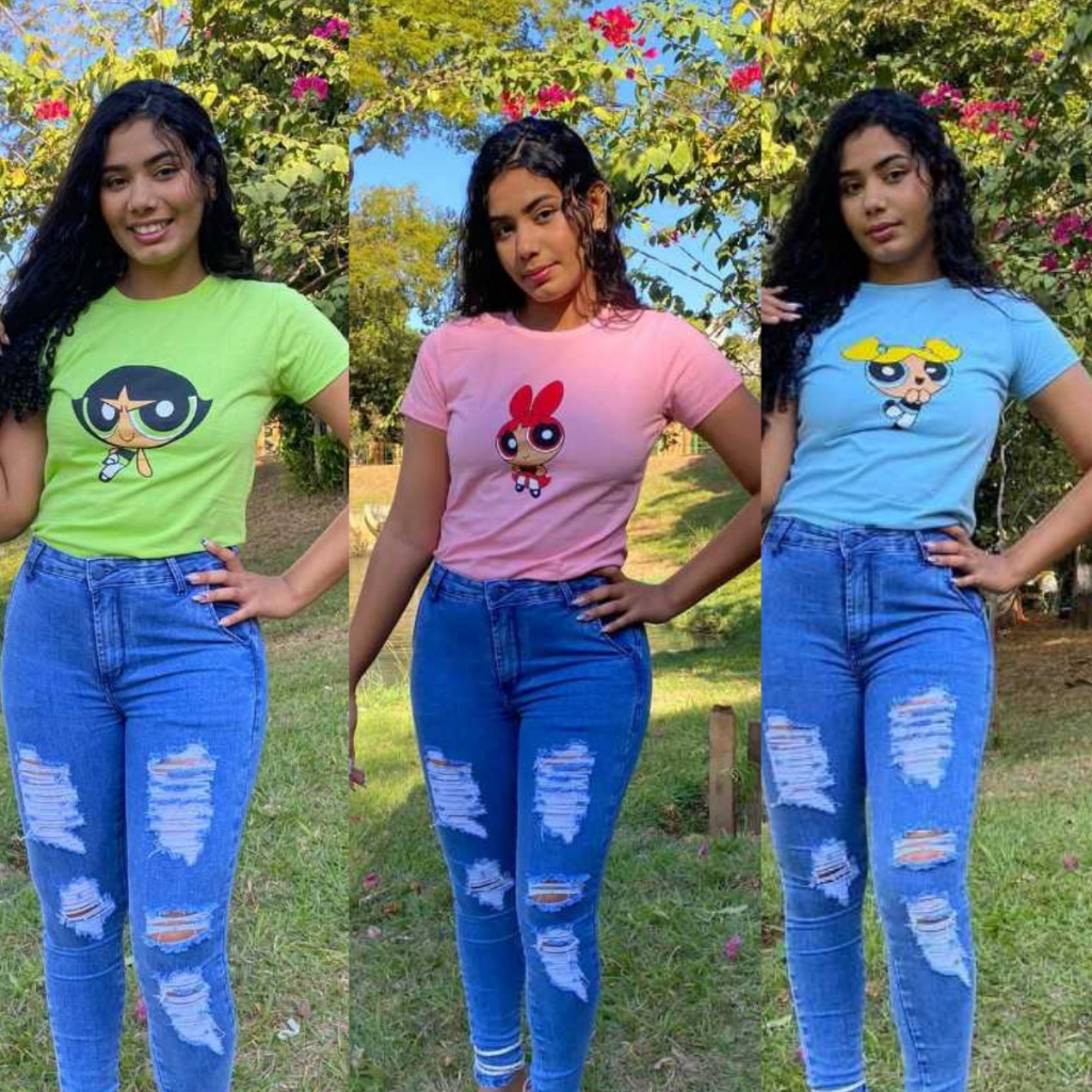 T-shirts Femininas Meninas Super Poderosas Baby look lindinha docinho florzinha Heróis Personagens