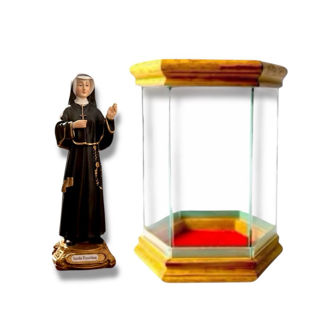 Imagem Faustina 14cm Resina Com Redoma Oratório De Vidro
