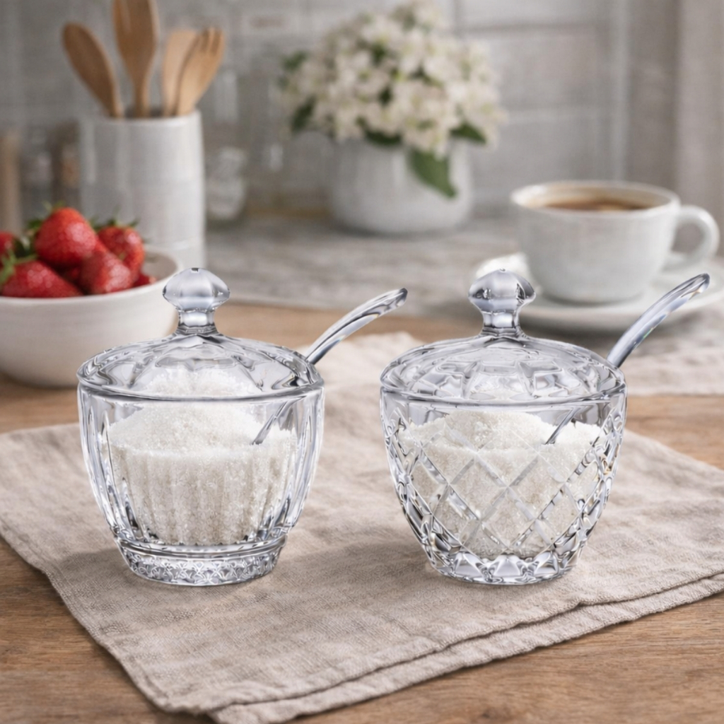 Açucareiro de Vidro com Colher Pote de Vidro Cantinho do Café Mesa Posta em Oferta na Shopee