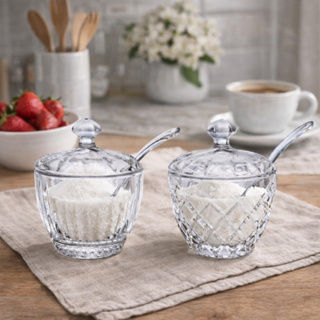 Açucareiro de Vidro com Colher Pote de Vidro Cantinho do Café Mesa Posta em Oferta na Shopee