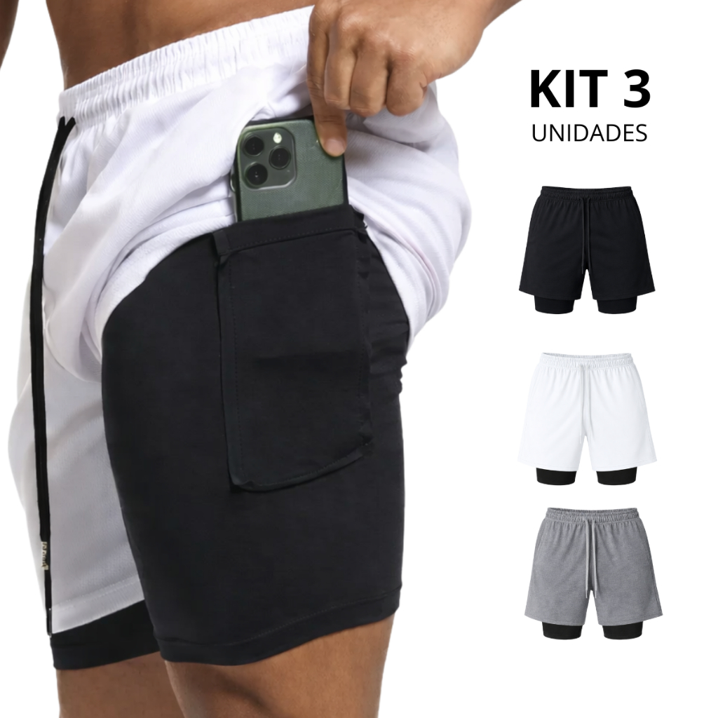 Kit 3 Bermudas Masculinas 2 em 1 Academia com Bolso Interno – Shorts Forrados interno Compressão