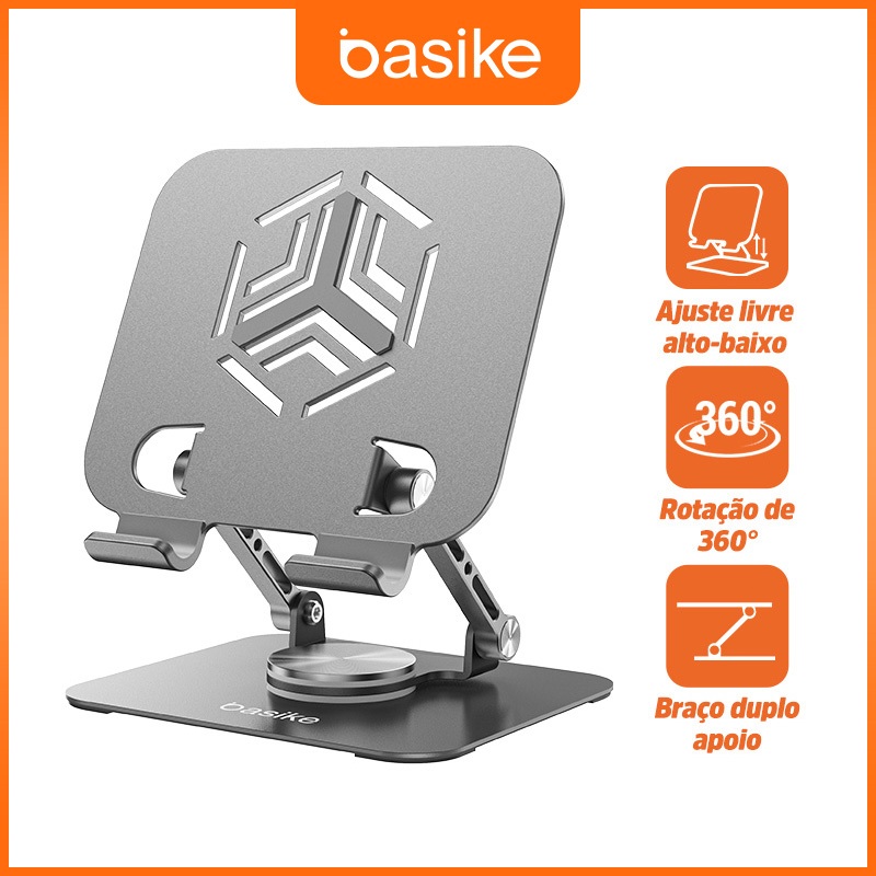 Basike Suporte Metálico Rotativo para Tablet e Celular | Alumínio Resistente e Elegante | Ajustável e Prático Compatível