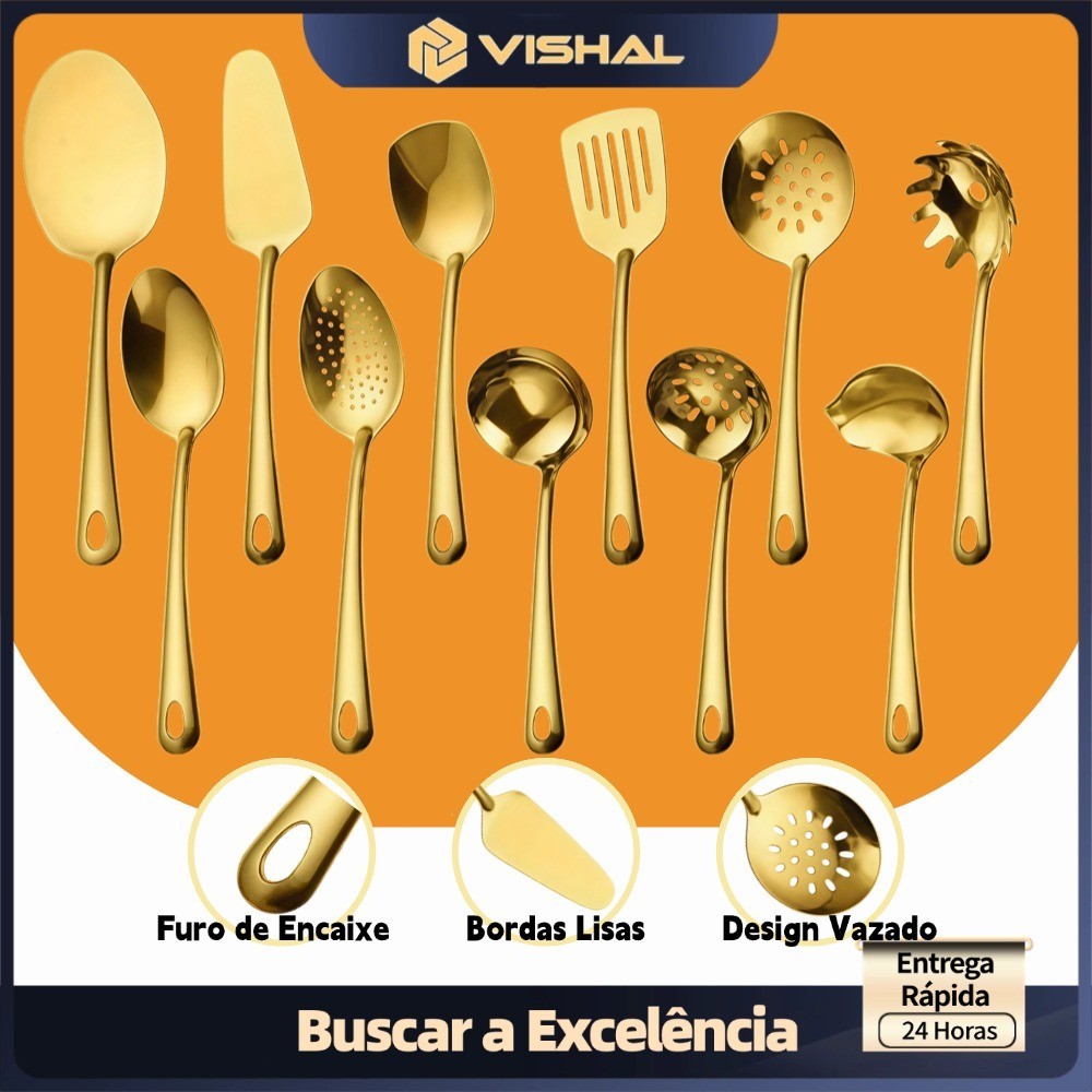 Kit 4/11 Peças Utensílios de Cozinha em Aço Inoxidável Dourado - Espátula, Colher, Concha, Escumadeira, Pegador de Pizza em Oferta na Shopee