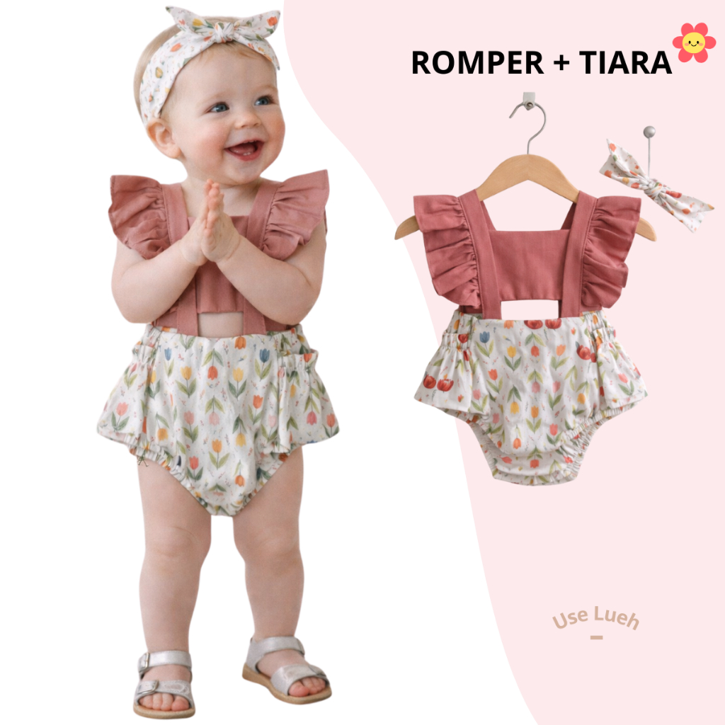 Kit Romper Bebê Feminino com Tiara Conjunto Infantil Estampado Floral com Babados Look Delicado
