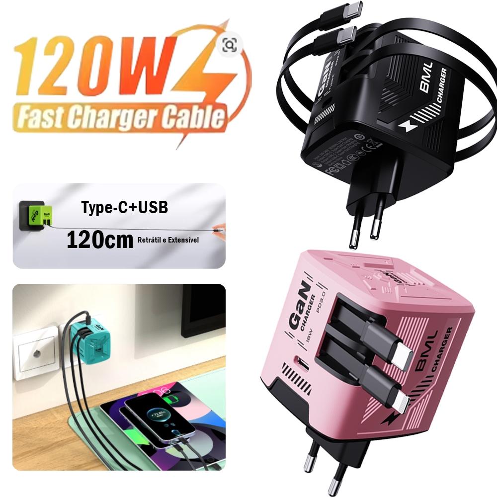 Carregador Turbo Retrátil 120W Tipo-C e Lightning Carregamento Rápido para 3 Dispositivos Compatível iPhone Android em Oferta na Shopee
