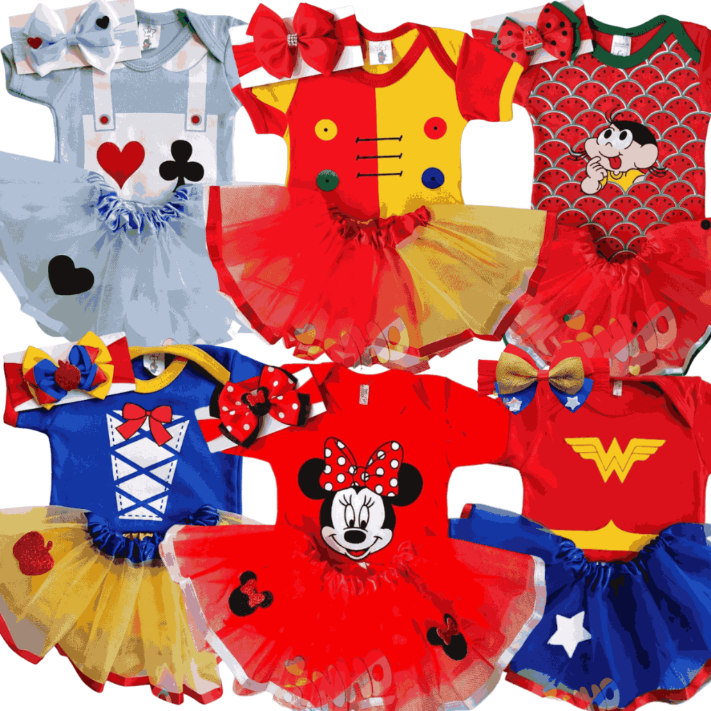 Kit Mesversário Bebê Menina Body + Saia Tule + Laço | Minnie, Emília, Branca de Neve e outros