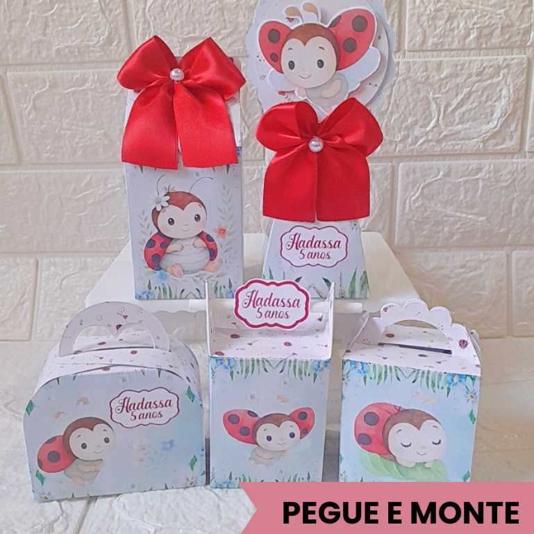 Kit Caixas Personalizadas Joaninha aquarela Pegue e Monte Lembrancinha Festa Infantil Joaninha Aquarela Caixinha Mimo