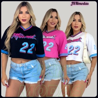 Cropped oversized feminino MIAMI de algodão , moda gringa, camiseta colegial americana, cropped gringa em Oferta na Shopee