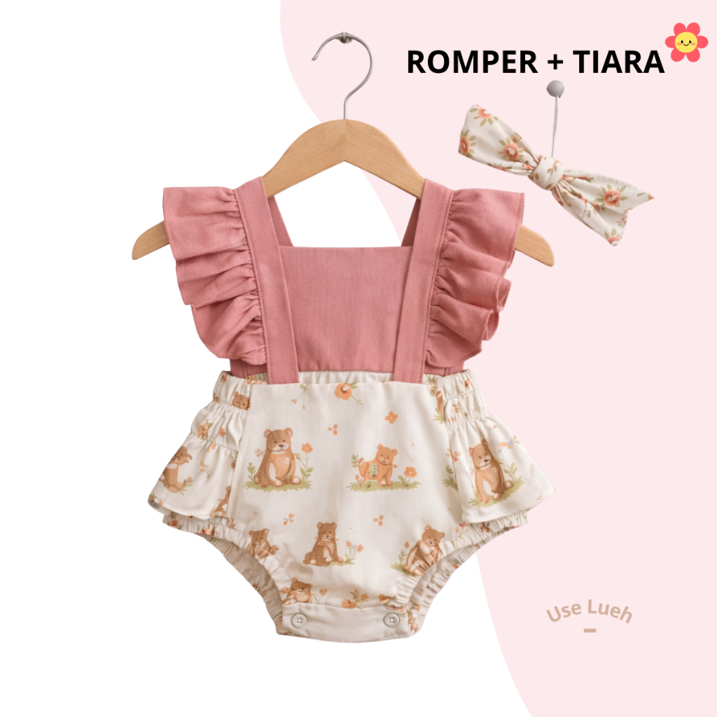 Kit Romper Bebê Feminino com Tiara Conjunto Infantil Estampado Ursinho com Babados Delicado