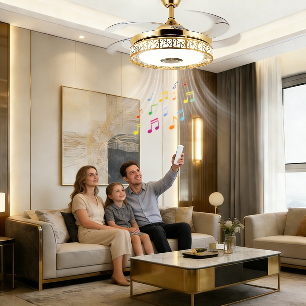 Ventilador De Teto Retratil C/controle Com Luminaria E Música Dourado e caixa de Som Ultra Silencioso 110v/220v
