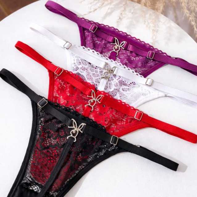 Kit com 3 Calcinha Playboy Fio Dental Colorida Pingente Coelhinho