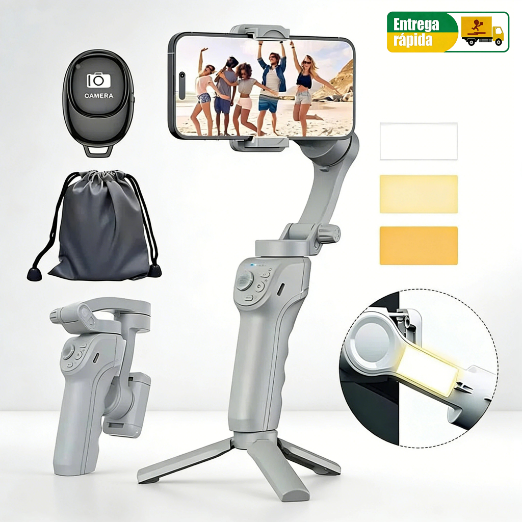 Estabilizador Celular Gimbal 3 Eixos, IA Rastreamento Facial, Tripé Dobrável c/ Luz LED