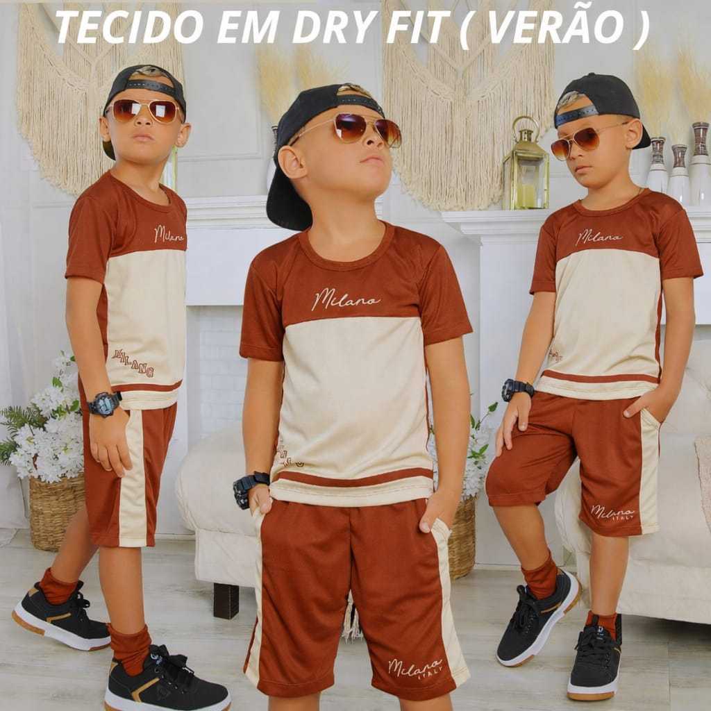 Roupa Infantil Masculina Dry fit Kit 2 Peças Lançamento Verão Camisa e Bermuda Veste Do 2 ao 14 anos