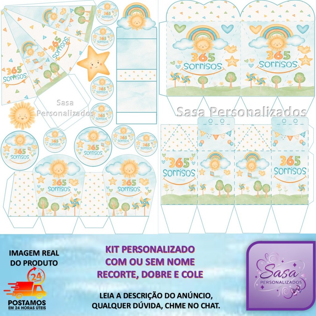 TEMA 365 SORRISOS COM 80/160 ITENS  LEMBRANCINHA PERSONALIZADO COM OU SEM NOME - ENVIO RÁPIDO em Oferta na Shopee