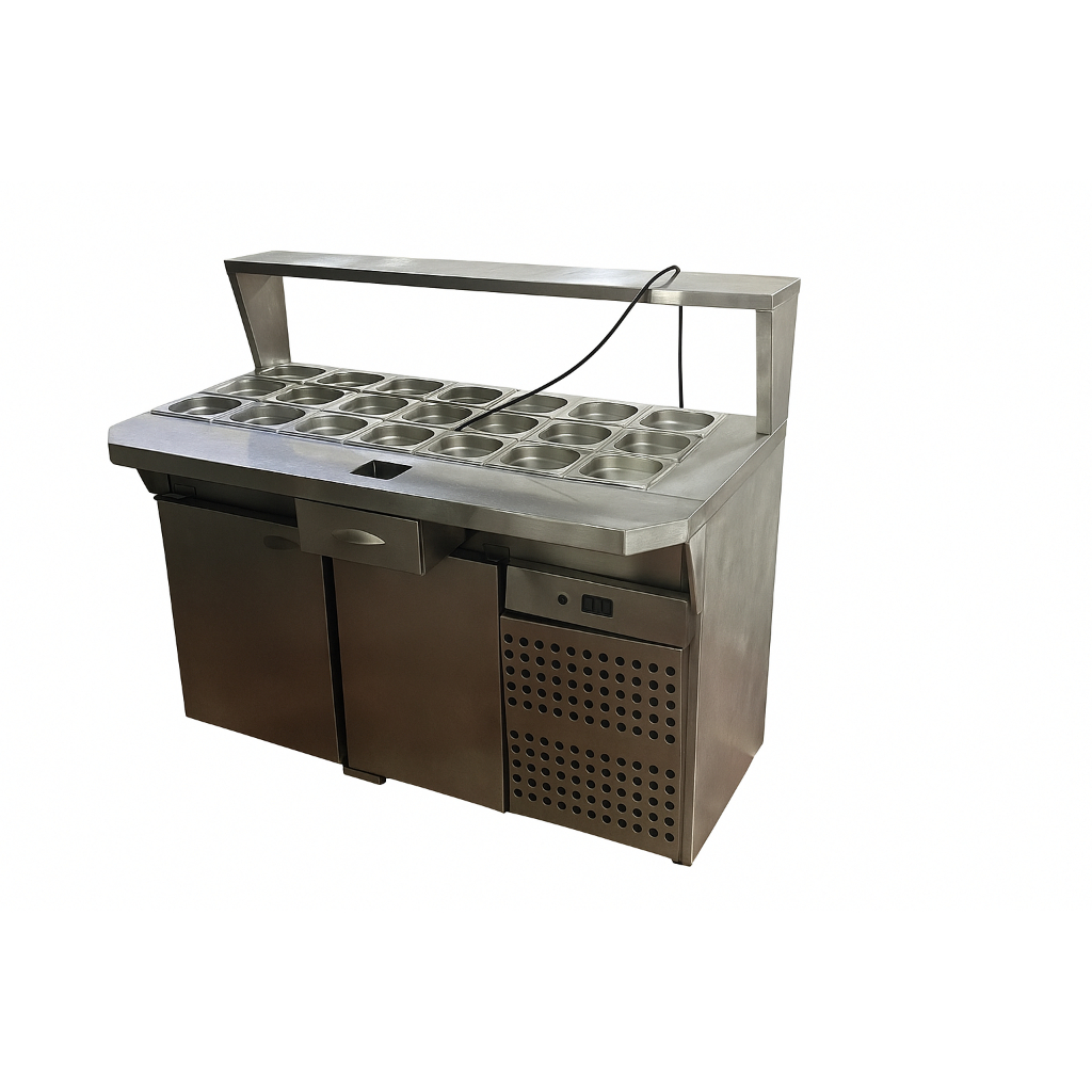 Condimentadora com 510l em INOX | 24 Cubas | Balcão refrigerado | prateleira inox