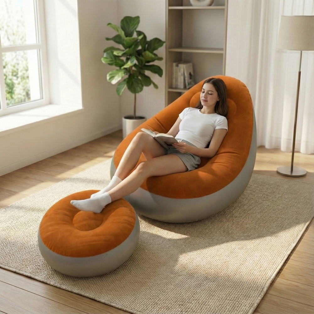 Conjunto Poltrona Puff Inflável Ultra Lounge Portátil Descanso Preguiçoso Sofá Poltrona Para Camping Praia Casa Ao Livre