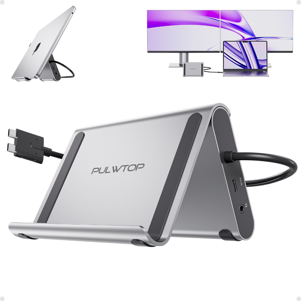 PULWTOP Docking Station Hub USBC dois monitores com HDMI, USB-C/A e Ethernet par