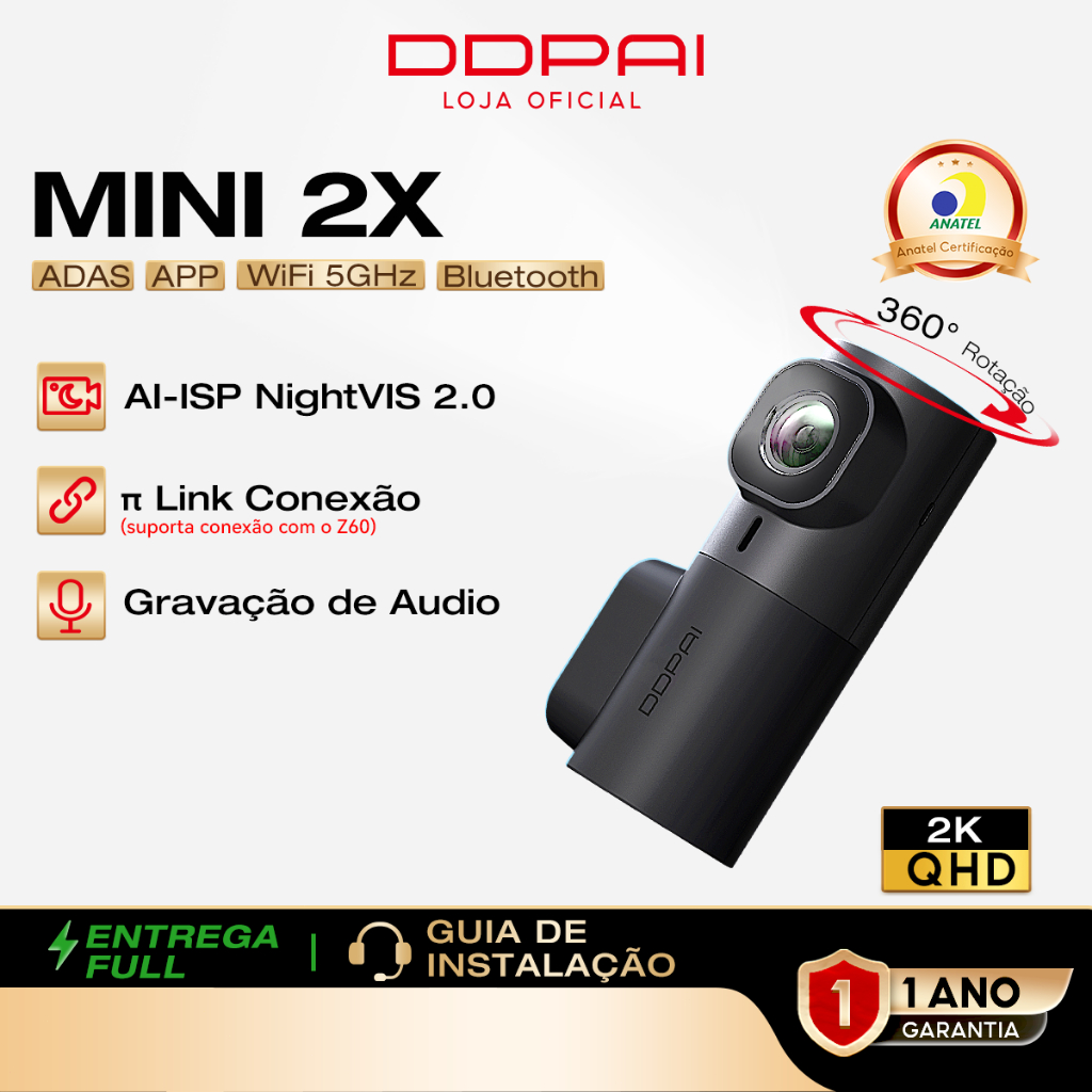 DDPAI Mini 2X Câmera Veicular 1440P 2K QHD 360° Rotação Visão Noturna Superior 5G WiFi Controle APP em Oferta na Shopee