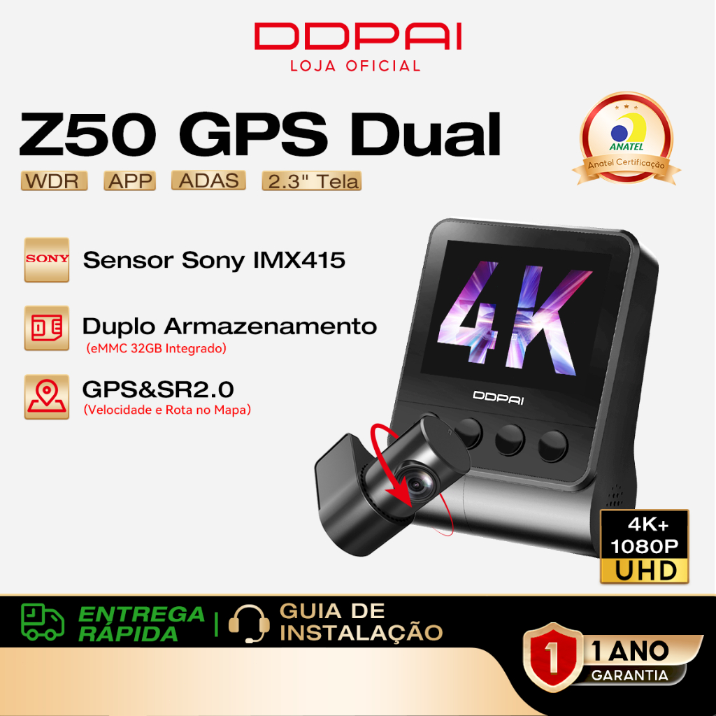 Câmera Veicular DDPAI Z50 4K+1080P Com WiFi GPS D²Save Tela 2.3" Supercapacitor Visão Noturna