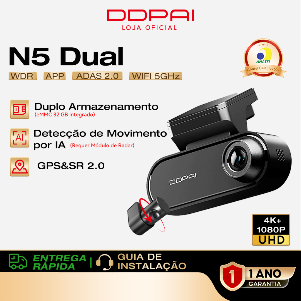 Câmera Veicular DDPAI N5 Dual 4K +1080P com 32G eMMC Controle de Voz ADAS WiFi 5G APP Visão Noturna em Oferta na Shopee