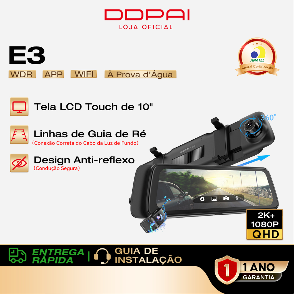 DDPAI Mola E3 Câmera Espelho Veicular 2K+1080P com Tela de 10 polegadas Controle por WIFI-APP
