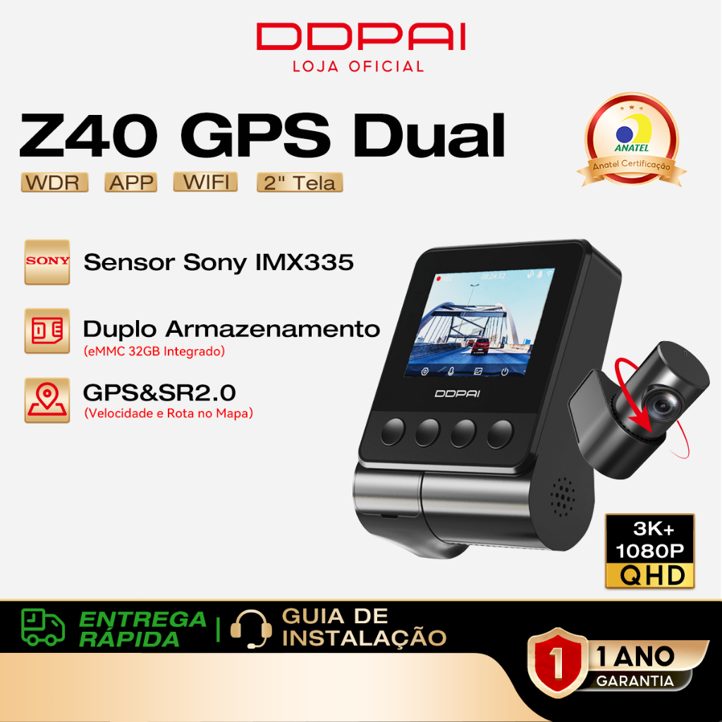Câmera Veicular DDPAI Z40 1944P+1080P WiFi App SR e GPS Modo de Estacionamento 24H Noite Visão