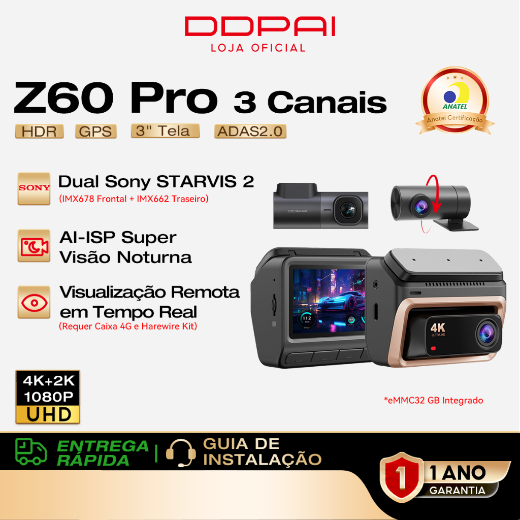 DDPAI Z60 Pro Câmera Veicular 3 Canais 4K+ 2K+ 1080P Sony sensor HDR 32G eMMC WiFi GPS Visão Noturna em Oferta na Shopee