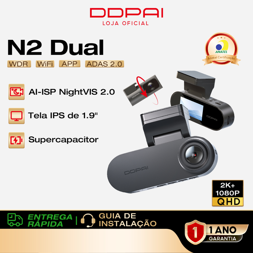 Câmera Veicular DDPAI N2 Dual 2k+1080p Uber App 1,9'' Tela Visão Noturna AI ISP Gravação em Loop em Oferta na Shopee