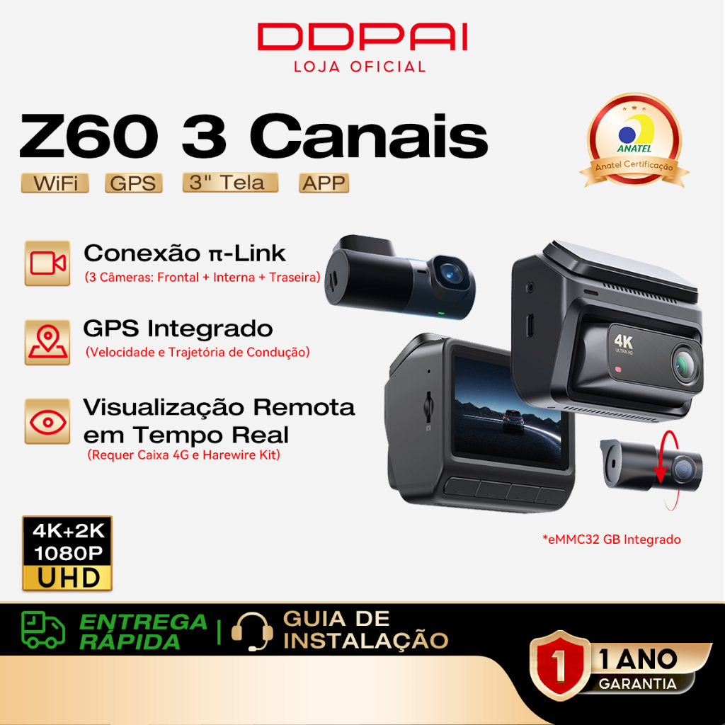 DDPAI Z60 Suporta Visualização Remota Câmera Veicular 4K WiFi 5GHz GPS Visão Noturna 2.0 Tela IPS de 3" APP ADAS