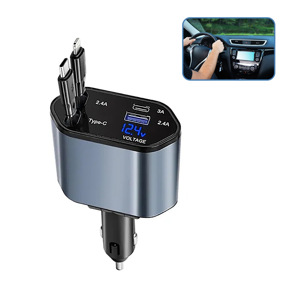 Carregador de carro retrátil com luz LED, carregador de carro rápido 4 em 1 de 120 W para iPhone e Android