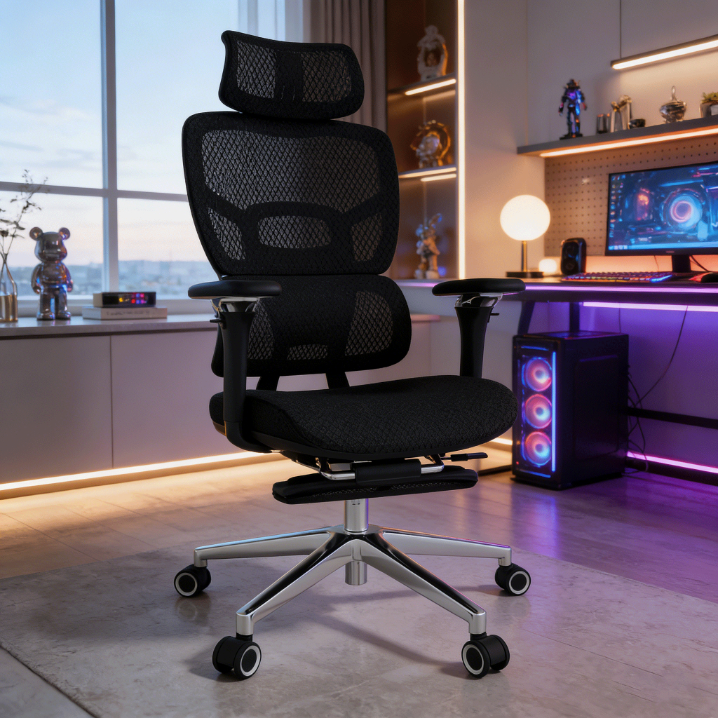 Cadeira Escritório Ergonômica Cadeira Gamer Preto Reclinável Apoio Lomar Braço 8d Com Pé Malha Respirável Escritório