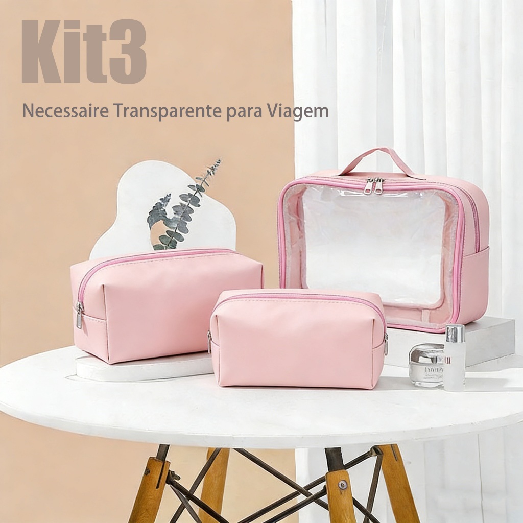 Viagem organizadora kit maquiagem kit viagem avião Kit 3 Necessaires Transparentes para