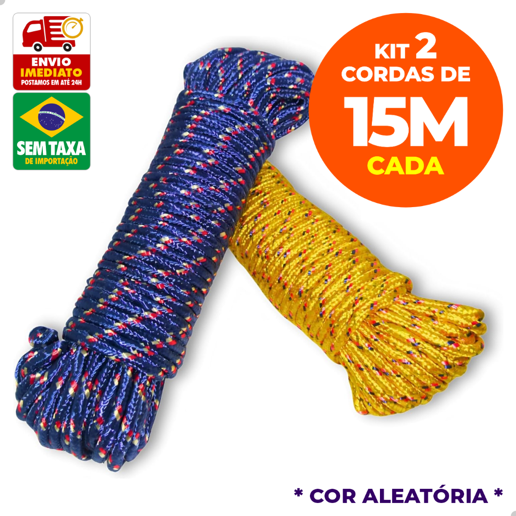Kit 2 Cordas Reforçadas 15m ou 20m Nylon 5mm Multiuso Varal Teto Parede Super Resistente