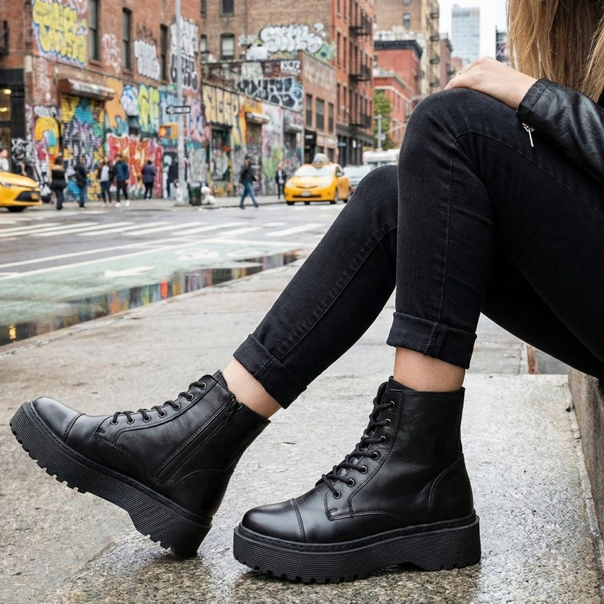 Bota Coturno Feminino Preto Blogueira Cano Alto Solado Tratorado couro legítimo lançamento