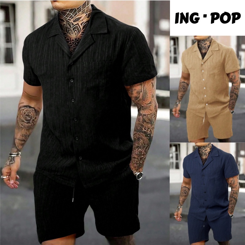 2 Peças Conjunto de Botão Sólida Masculina Casual de Camisa Manga Curta e Shorts Lisos
