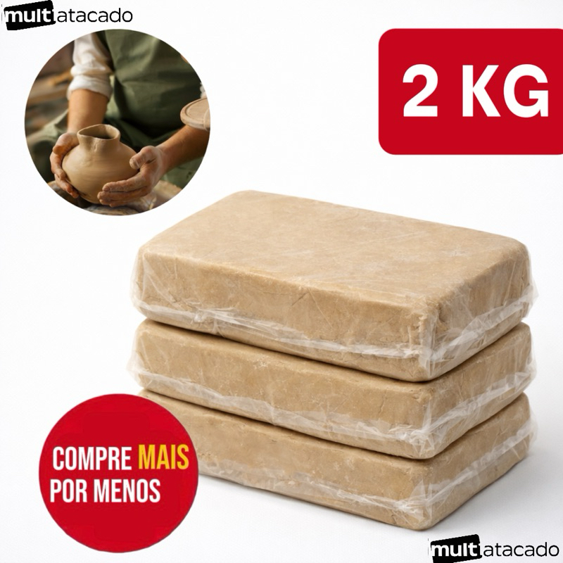Kit 2 Pacotes Argila Natural Para Modelar / Argila Escolar 1 Kg Cada - Para Artesanato Uso Em Geral Moldar