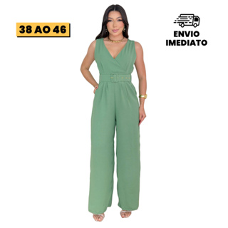 Macacão Feminino Pantalona Elegante Com Cinto Cintura Ajustável e Bolso em Oferta na Shopee
