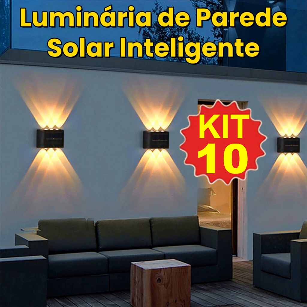 Até 10 Arandelas de Parede Solar Externa, À Prova D'Água, Liga e Desliga Auto, 12h de Autonomia em Oferta na Shopee