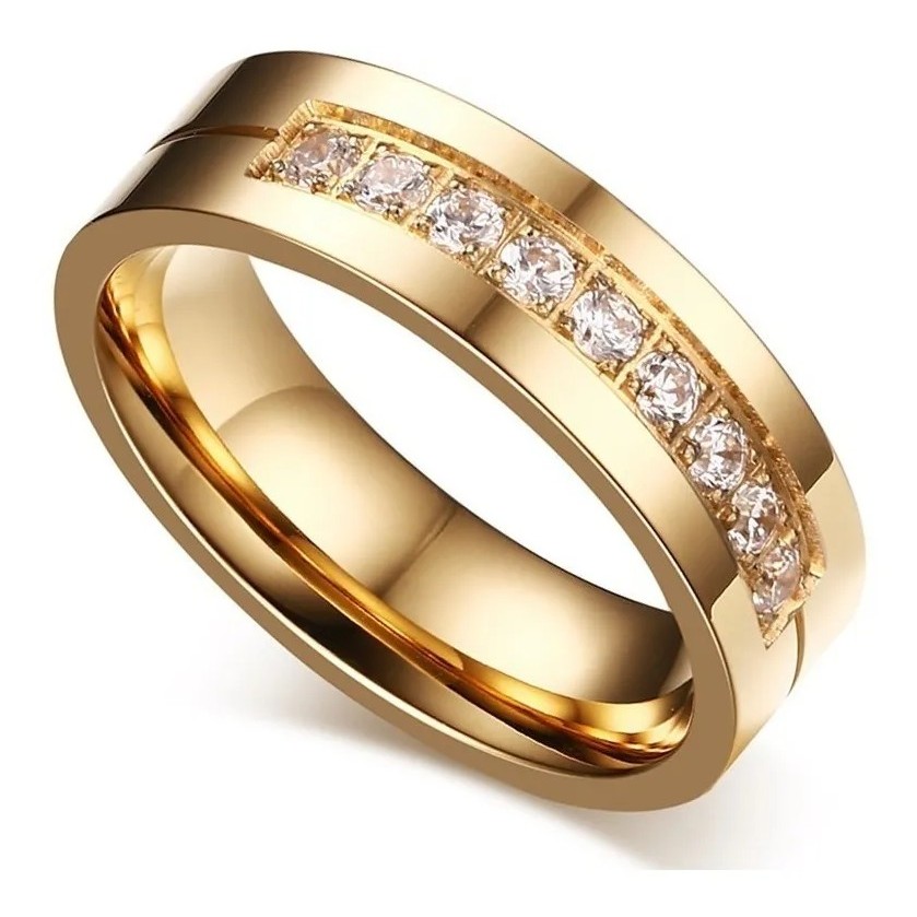 Aliança Anel Inova Jóias 6mm Titânio Anatômica Feminina Banhada A Ouro 18k com Pedras